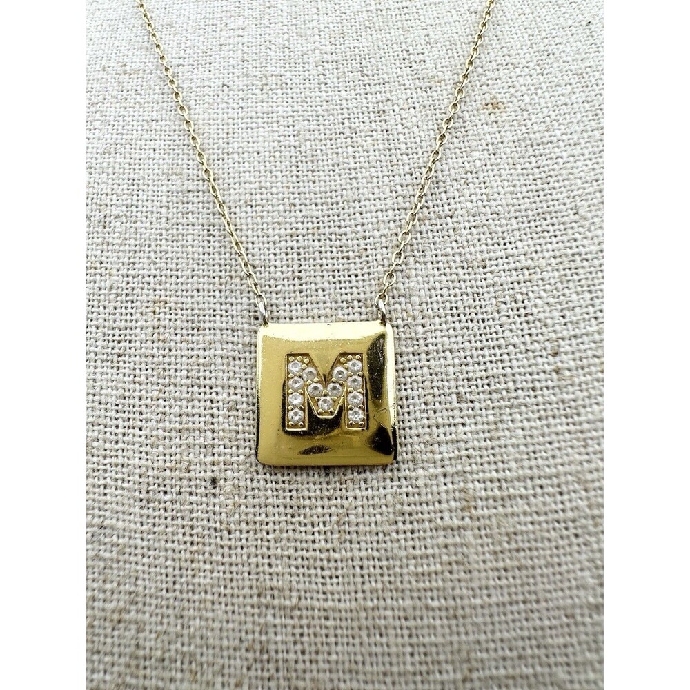 925 Sterling Silver 14k Gold Vermeil Square Letter M Initial Necklace 18”